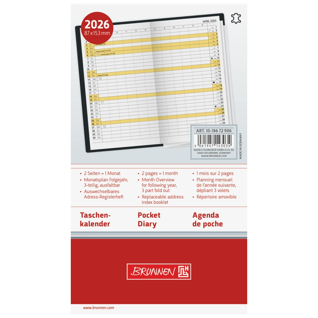 Taschenkalender Mod. 746 2026 | A6, Leder, schwarz