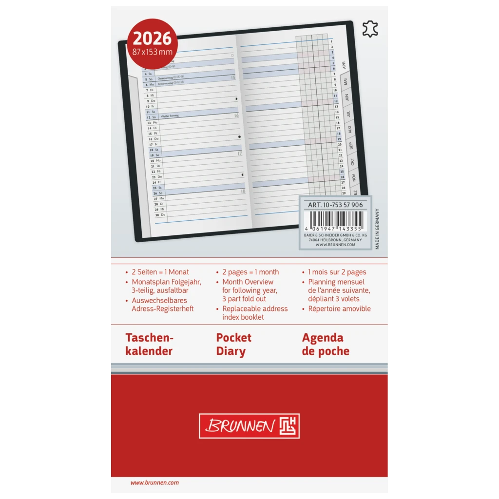Taschenkalender Mod. 753 2026 | A6, Leder, schwarz