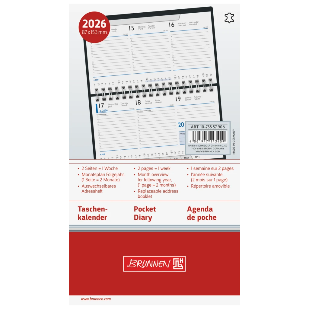 Taschenkalender Mod. 755 2026 | A6 quer, Leder, schwarz