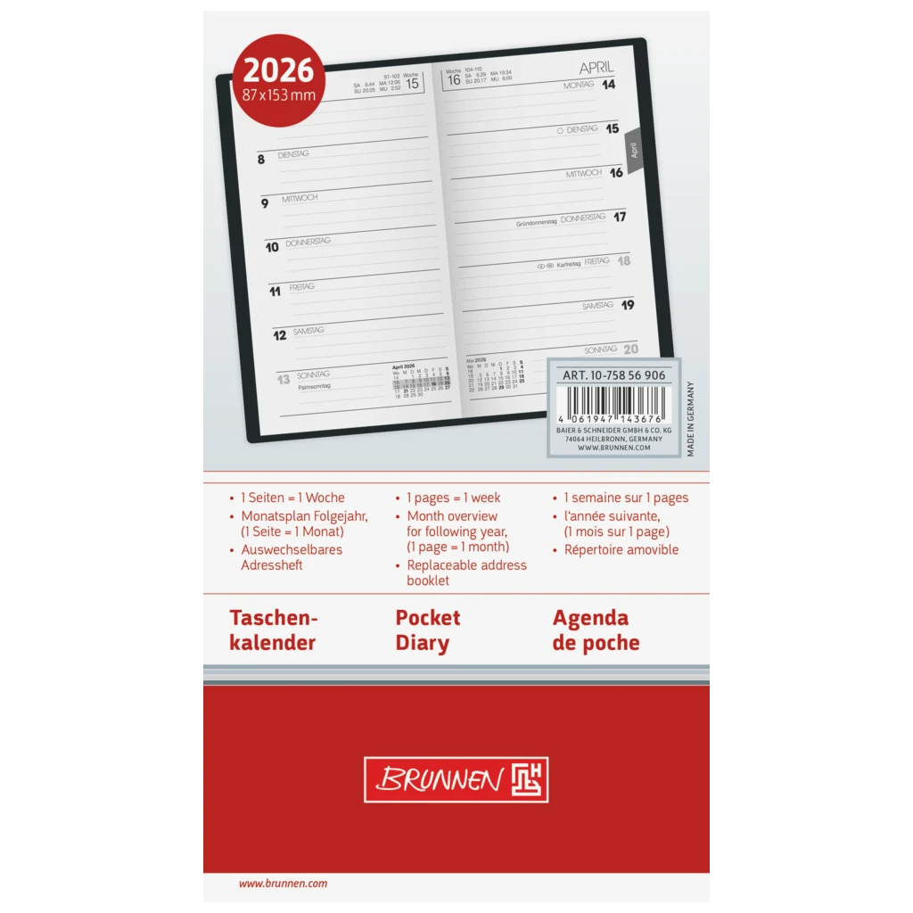 Taschenkalender Mod. 758 2026 | A6, Leder, schwarz