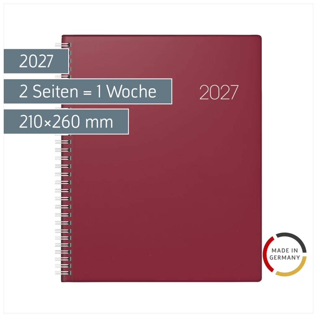 Buchkalender Mod. Manager Wt 7 weektimer 2027 | 210×260 mm, Kunststoff, weinrot
