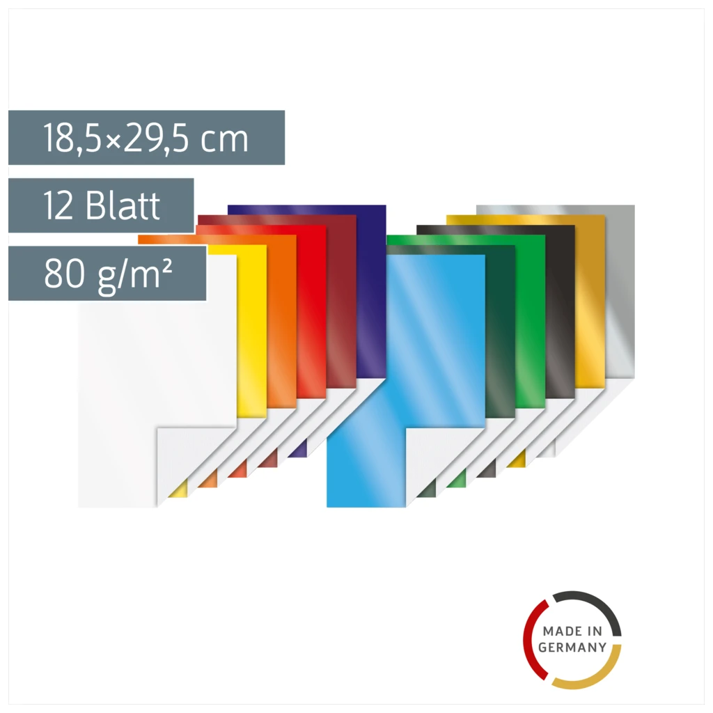 Glanzpapier-Bastelmappe (Buntpapier) | 18,5×29,5 cm, 12 Blatt, 80 g/m²