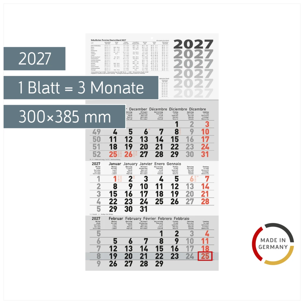 3-Monatskalender 2027 | 300×520 mm