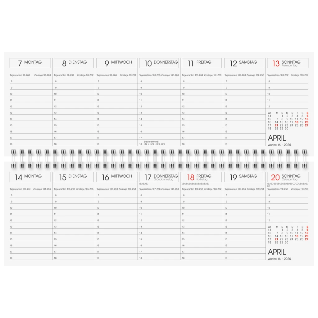 Querterminbuch 2026 | 297×105 mm, Karton, rot