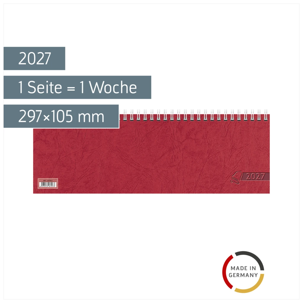 Querterminbuch 2027 | 297×105 mm, Karton, rot