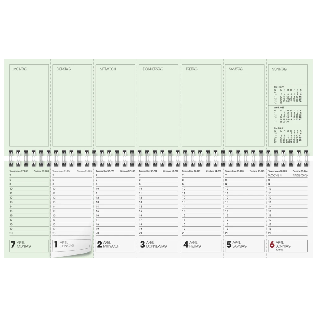 Querterminbuch 2026 | 326×102 mm, Karton, grün