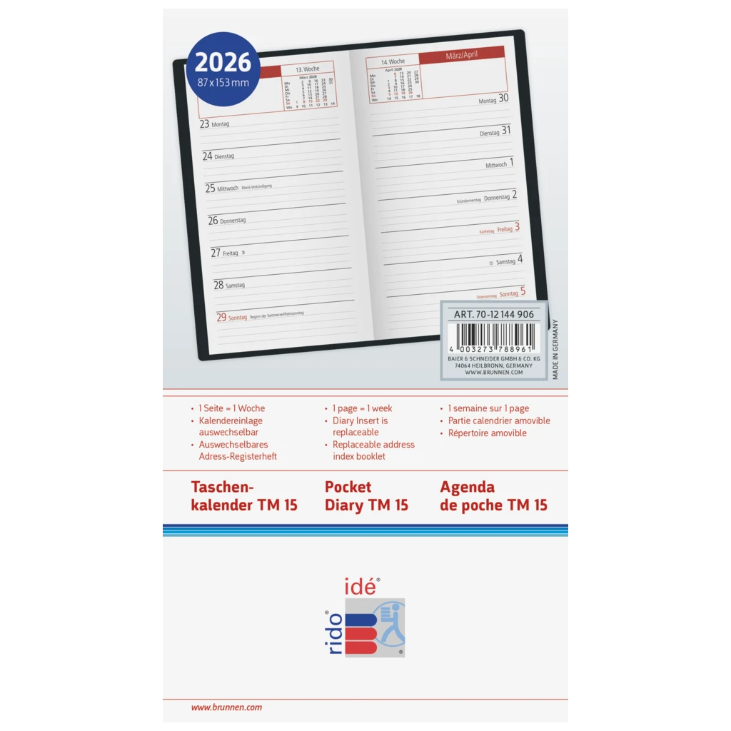 Taschenkalender Mod. TM 15 2026 | A6, Kunstleder, schwarz