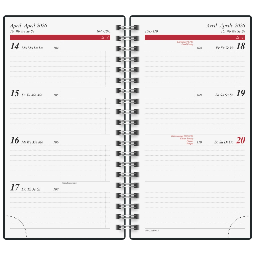 Taschenkalender Mod. Timing 2 2026 | A6, Kunststoff, schwarz
