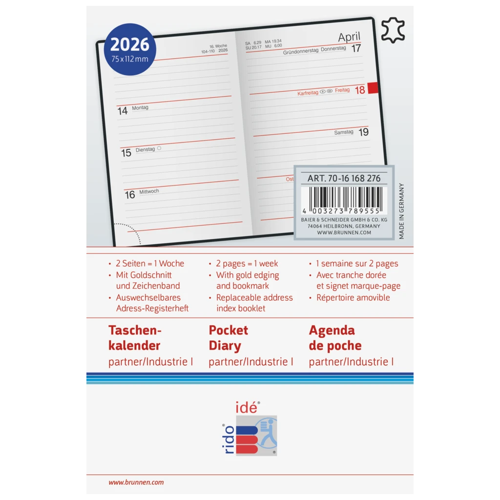 Taschenkalender Mod. partner/Industrie I 2026 | A7, Leder, dunkelrot