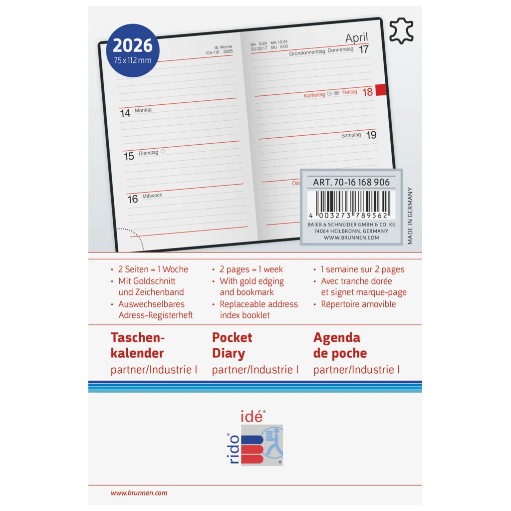 Taschenkalender Mod. partner/Industrie I 2026 | A7, Leder, schwarz