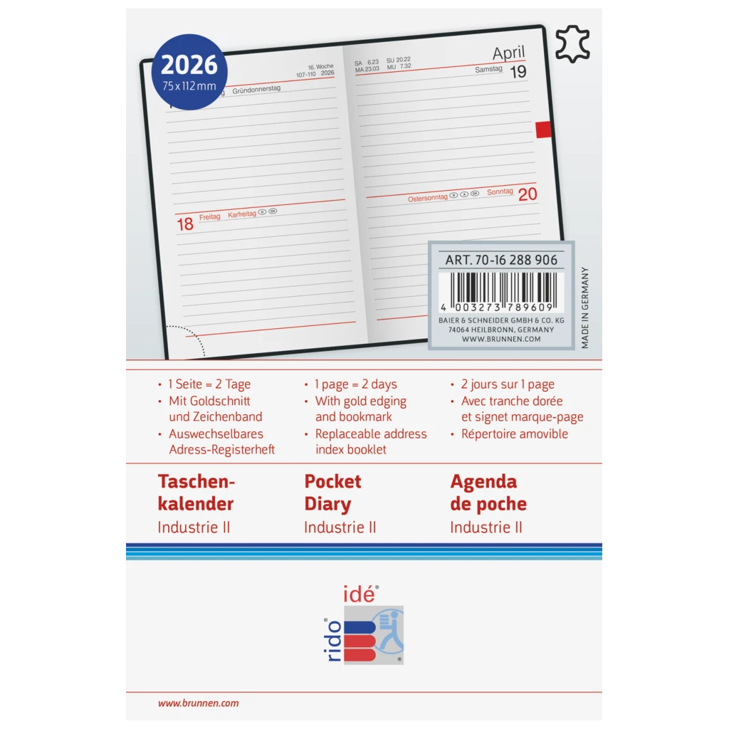 Taschenkalender Mod. Industrie II 2026 | A7, Leder, schwarz