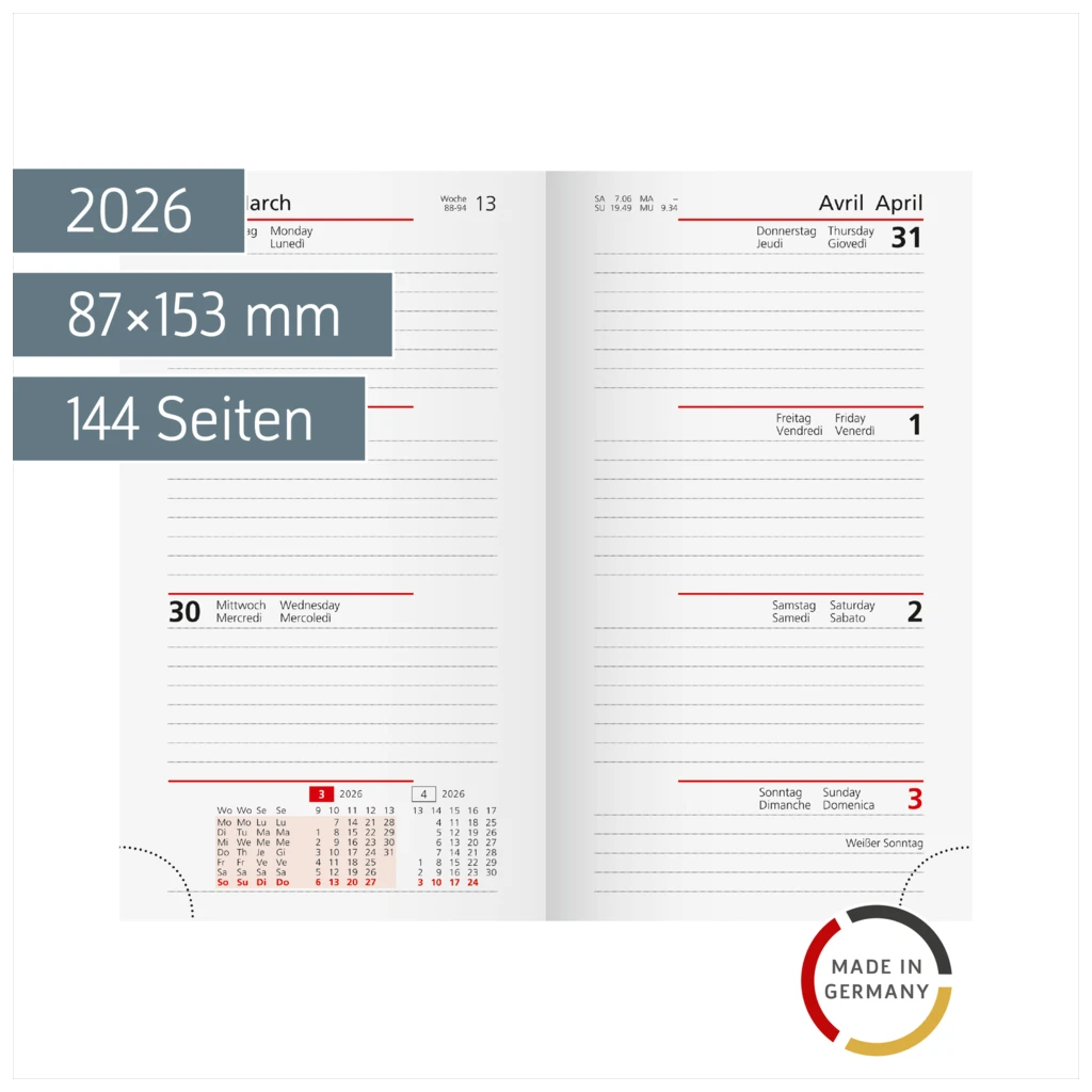 Wochen-Ersatzkalendarium Mod. Taschenplaner int. 2026 | 87×153 mm, Karton, weiß