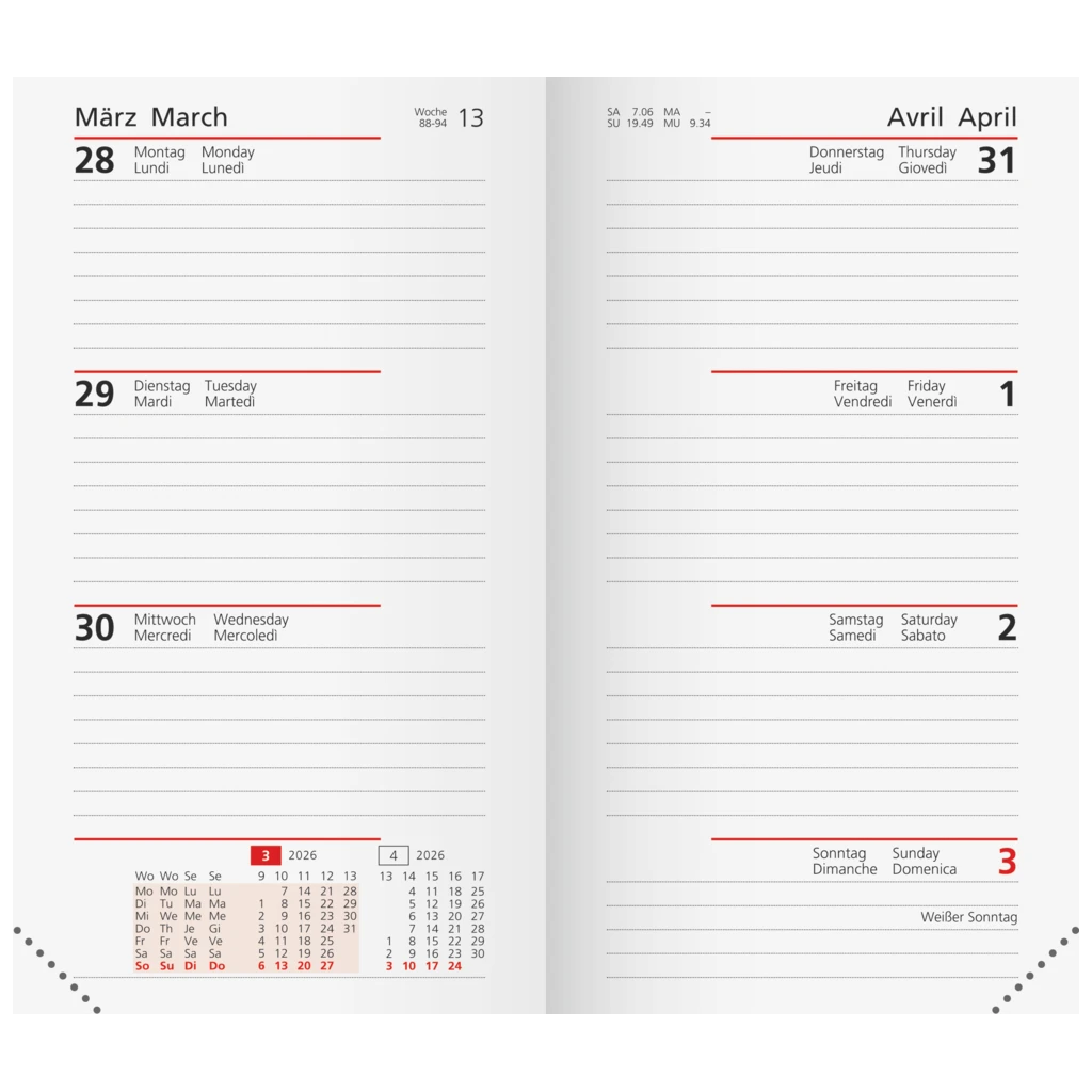 Wochen-Ersatzkalendarium Mod. Taschenplaner int. 2026 | 87×153 mm, Karton, weiß