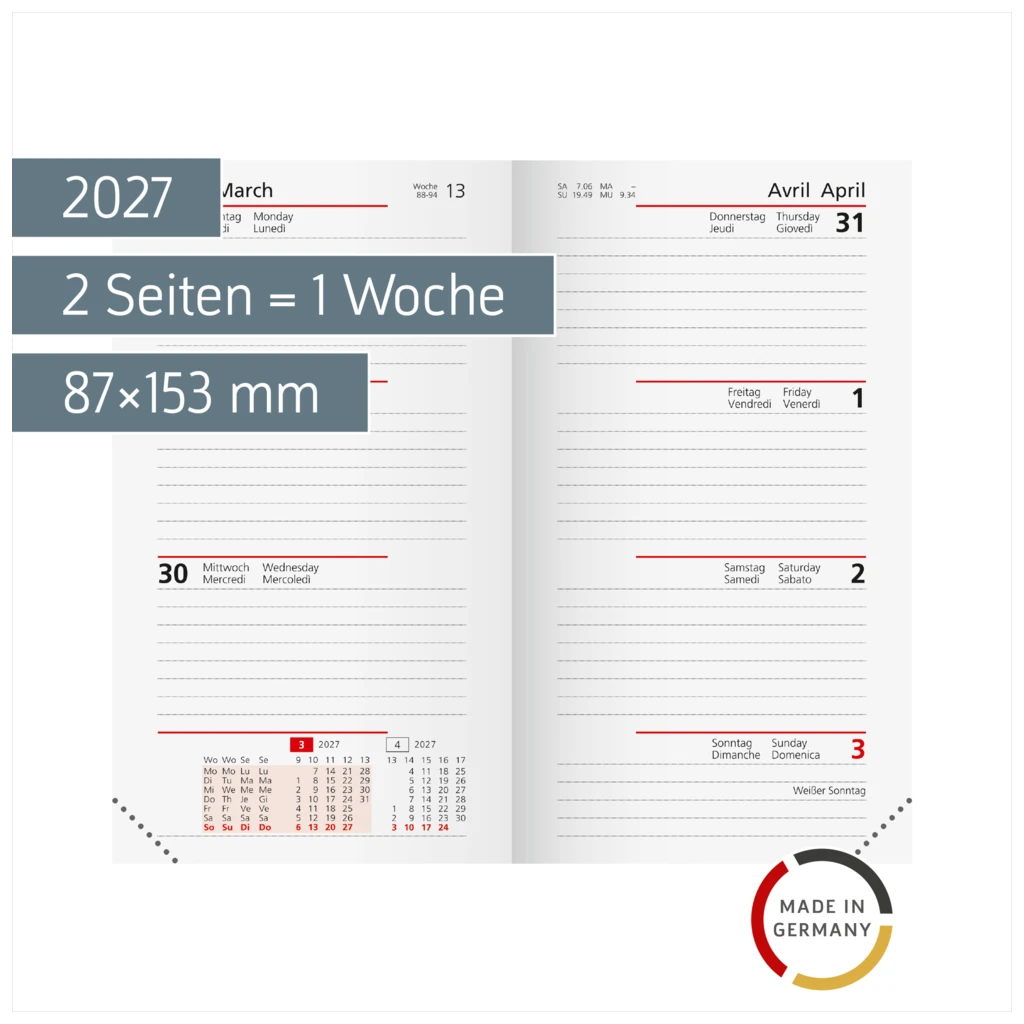 Wochen-Ersatzkalendarium Mod. Taschenplaner int. 2027 | 87×153 mm, Karton, weiß