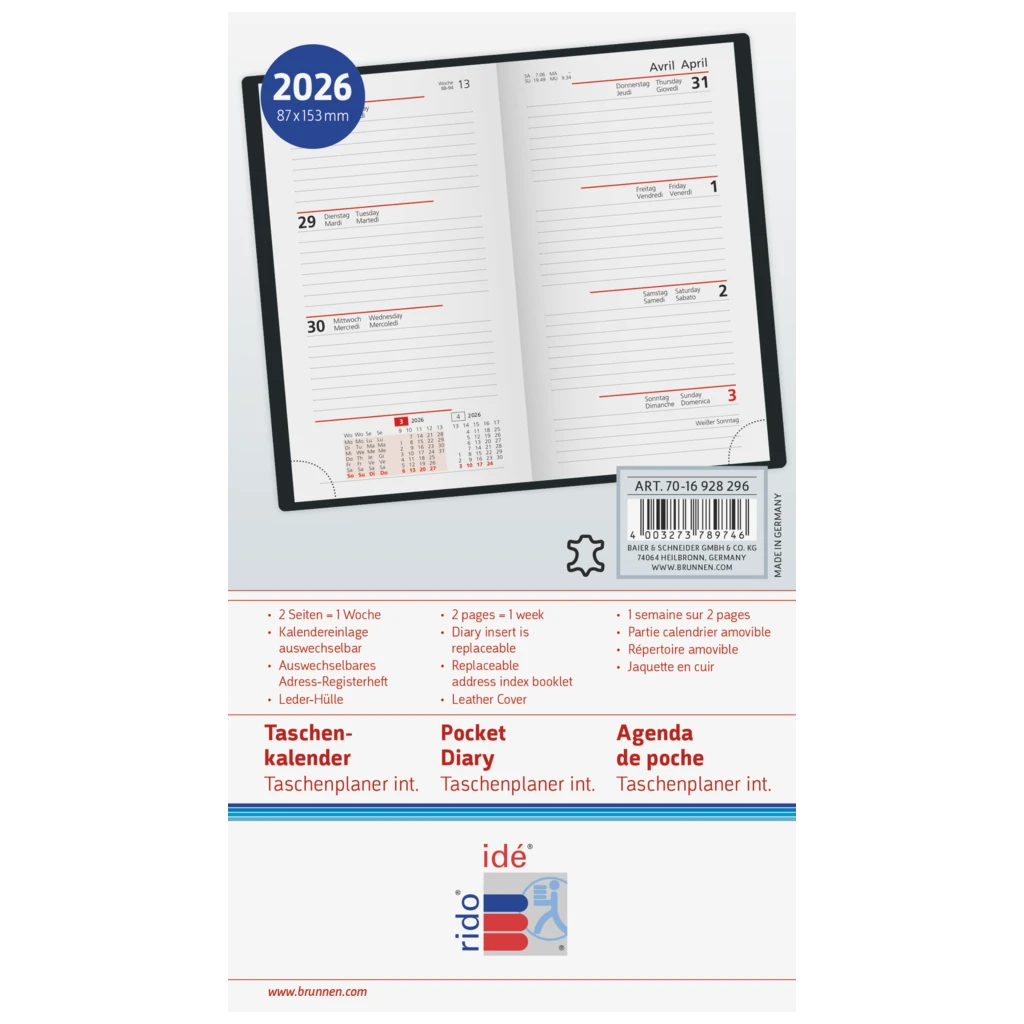 Taschenkalender Mod. Taschenplaner int. 2026 | A6, Leder, weinrot