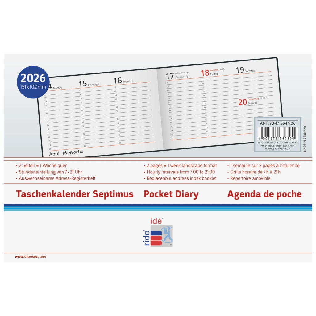 Taschenkalender Mod. Septimus 2026 | A6 quer, Kunstleder, schwarz