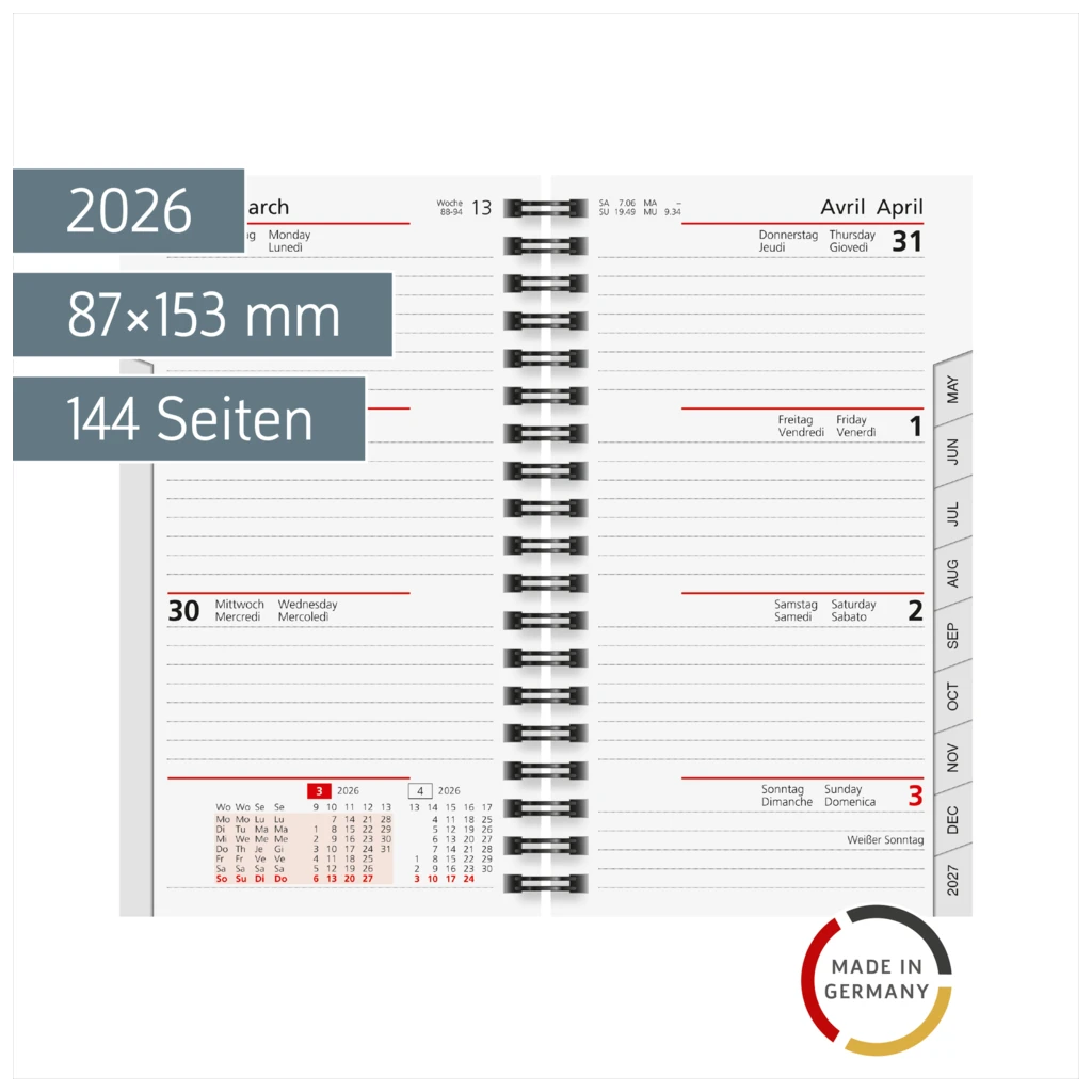Wochen-Ersatzkalendarium Mod. Taschenplaner int. 2026 | 87×153 mm, Karton, weiß