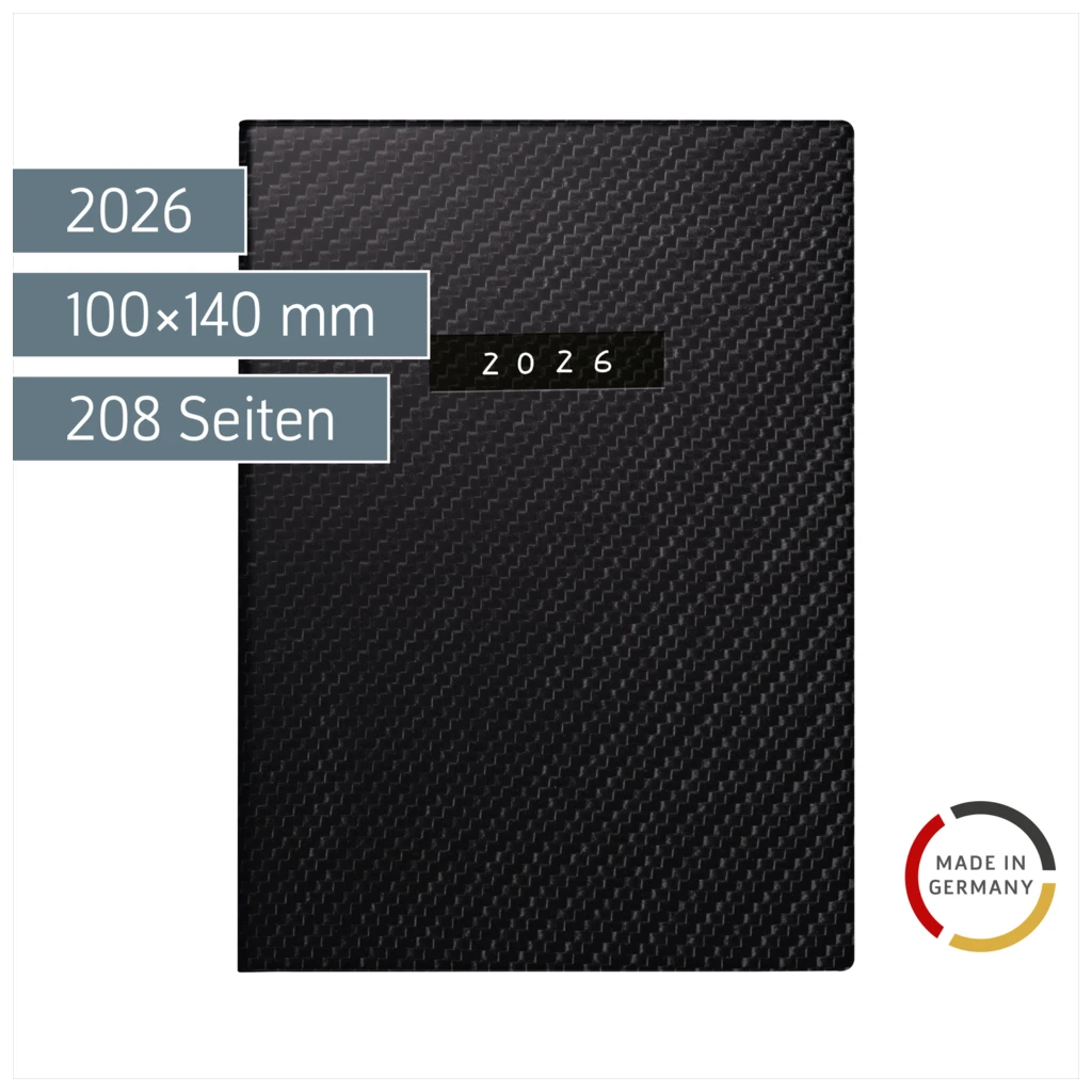 Taschenkalender Mod. perfect/Technik I 2026 „Carbon“ | A6, Kunstleder
