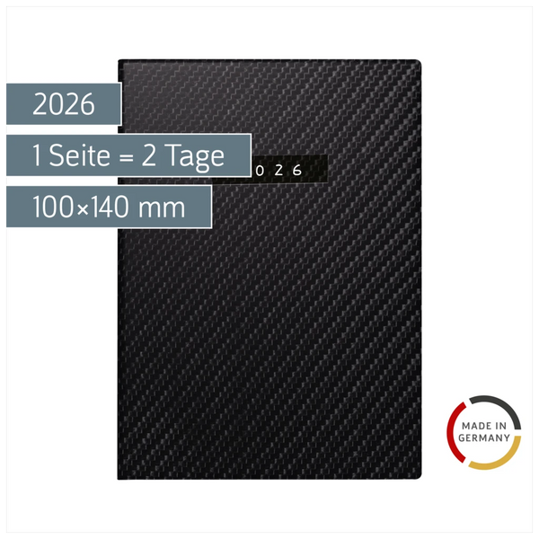 Taschenkalender Mod. Technik II 2026 „Carbon“ | A6, Kunstleder