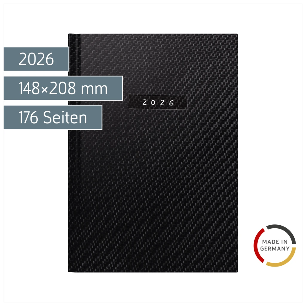 Buchkalender Mod. futura 2 2026 „Carbon“ | A5, Kunstleder