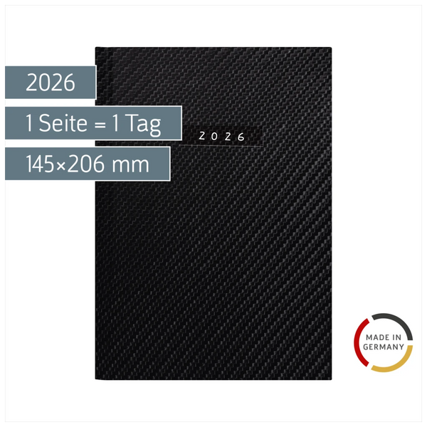 Buchkalender Mod. Chefplaner 2026 „Carbon“ | A5, Kunstleder