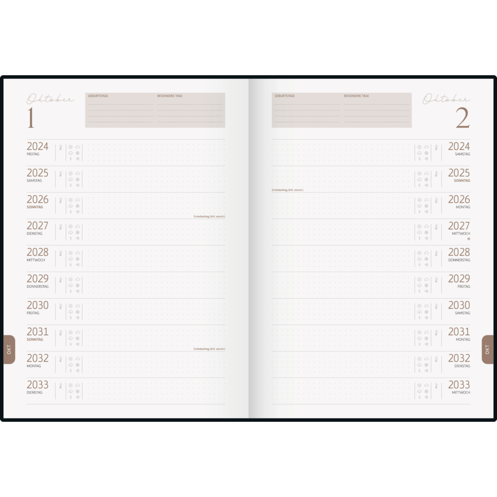 10-Jahres-Kalender (2024-2033) „10 Years of Moments“, 1 Seite = 1 Tag, A4, 416 Seiten, Kunstleder, grau