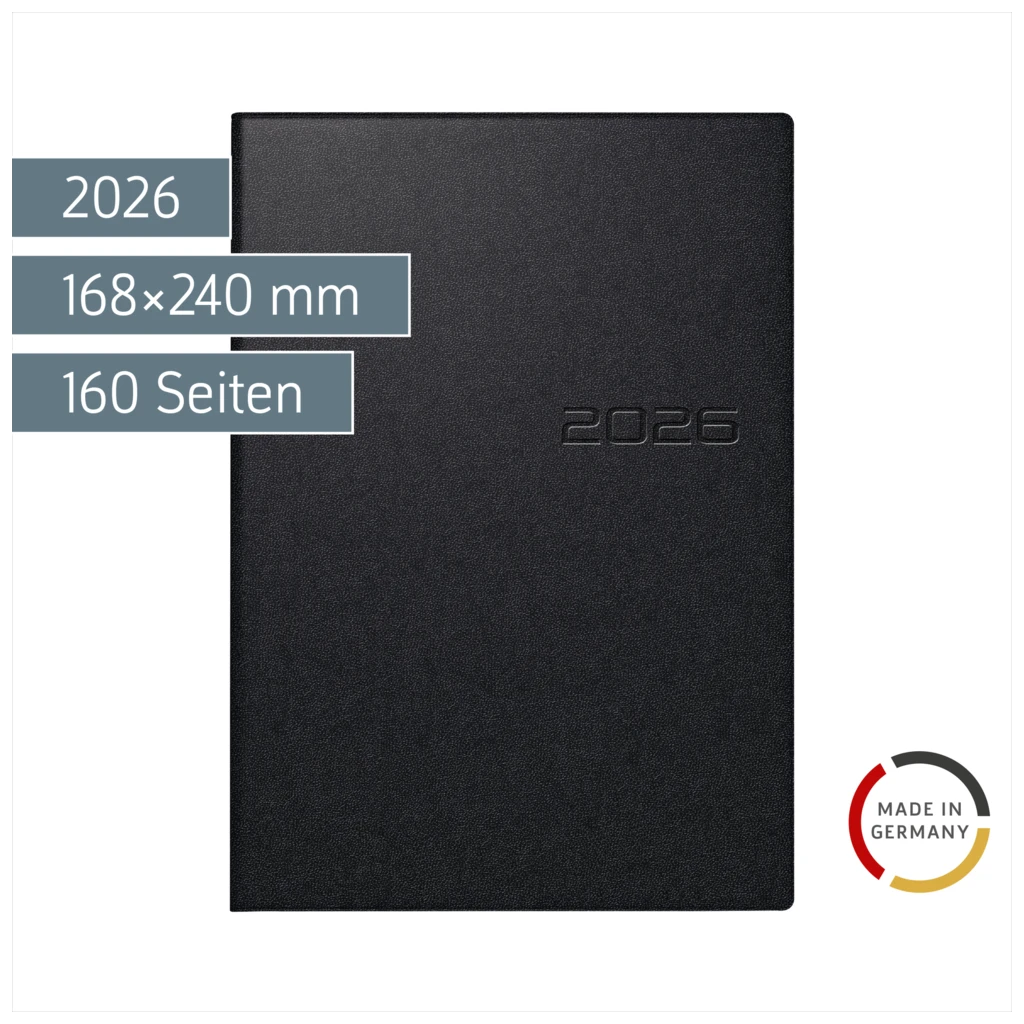 Buchkalender Mod. studioplan int. 2026 | 168×240 mm, Kunststoff, schwarz