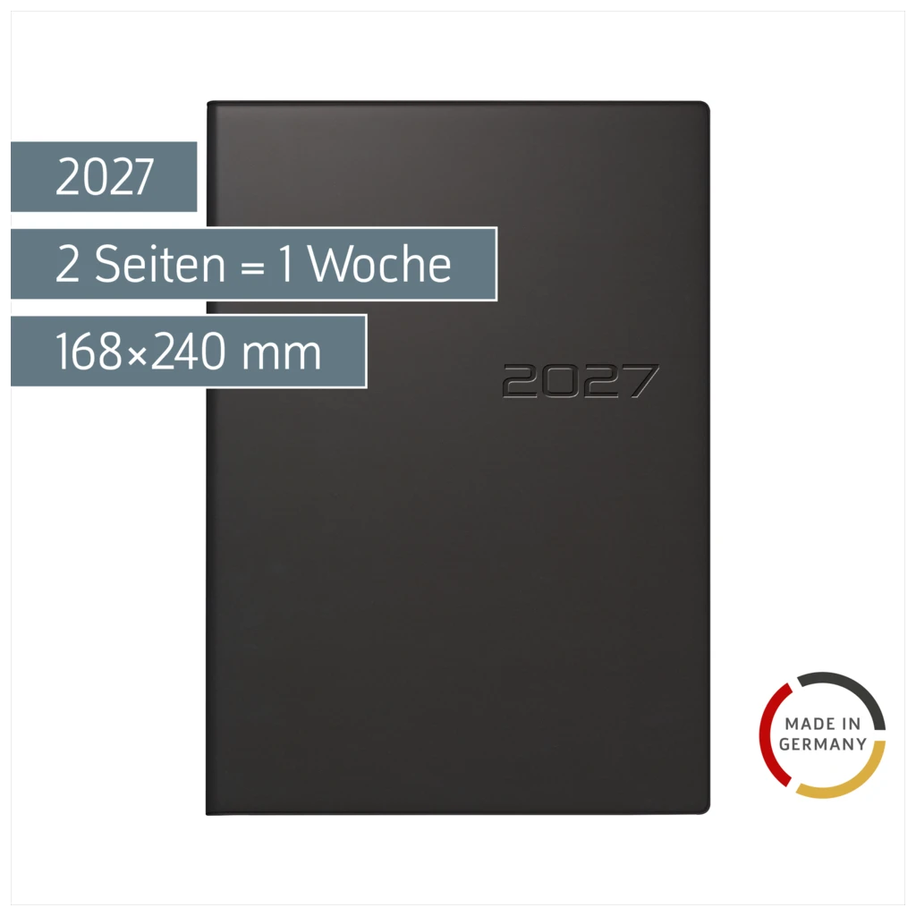 Buchkalender Mod. studioplan int. 2027 | 168×240 mm, Kunststoff, schwarz