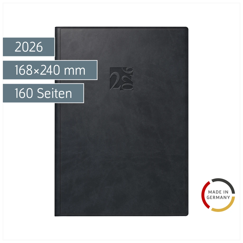 Buchkalender Mod. studioplan int. 2026 | 168×240 mm, Kunstleder, schwarz