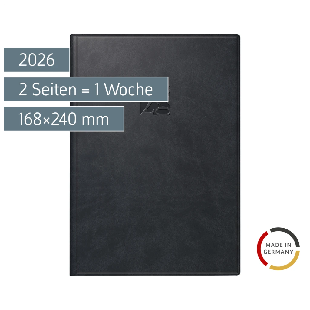 Buchkalender Mod. studioplan int. 2026 | 168×240 mm, Kunstleder, schwarz