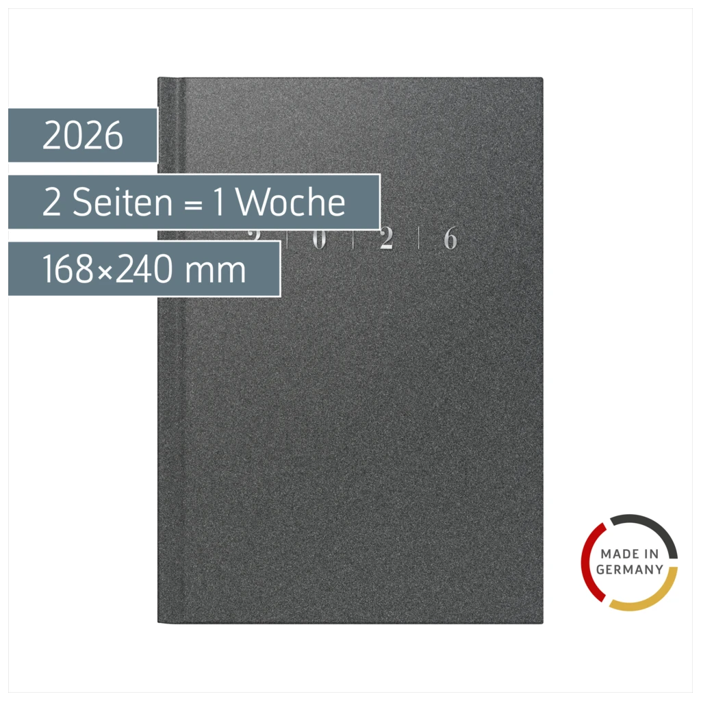 Buchkalender Mod. studioplan int. 2026 | 168×240 mm, Kunststoff, grau