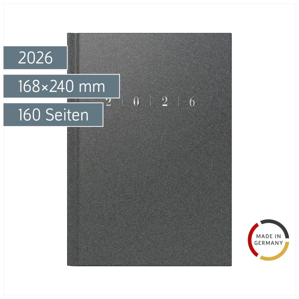Buchkalender Mod. studioplan int. 2026 | 168×240 mm, Kunststoff, grau