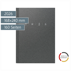 Buchkalender Mod. studioplan int. 2026 | 168×240 mm, Kunststoff, grau