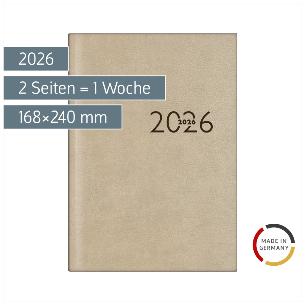 Buchkalender Mod. studioplan int. 2026 | 168×240 mm, Kunstleder, grau