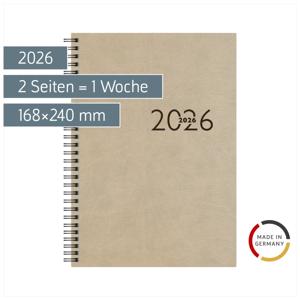 Buchkalender Mod. studioplan int. 2026 | 168×240 mm, Kunstleder, grau