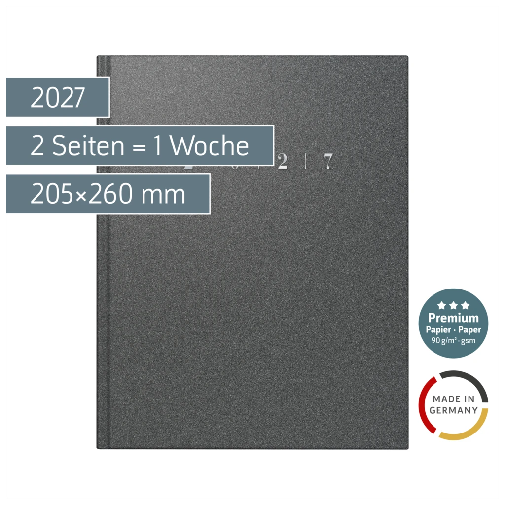 Buchkalender Premium Mod. Managerkalender TM 2027 | 205×260 mm, Kunststoff, grau