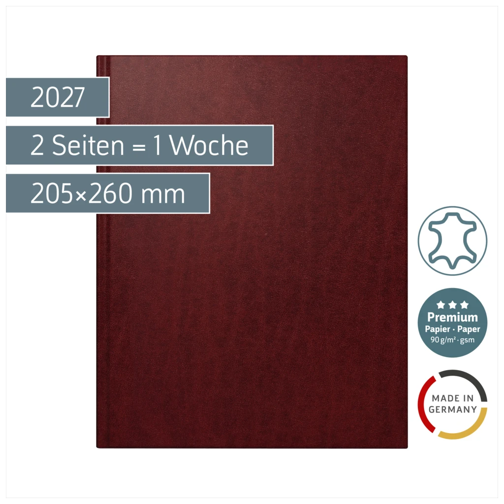 Buchkalender Premium Mod. Managerkalender TM 2027 | 205×260 mm, Leder, weinrot