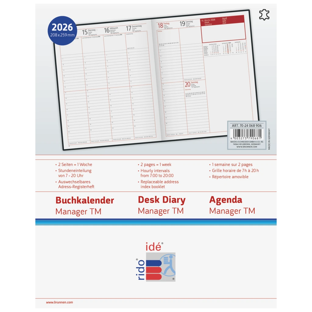 Buchkalender Mod. Managerkalender TM 2026 | 205×260 mm, Leder, schwarz