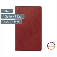 Buchkalender Mod. reise-merker 2026 | 102×172 mm, Kunststoff, weinrot
