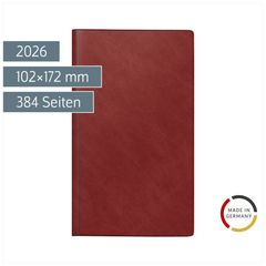 Buchkalender Mod. reise-merker 2026 | 102×172 mm, Kunststoff, weinrot