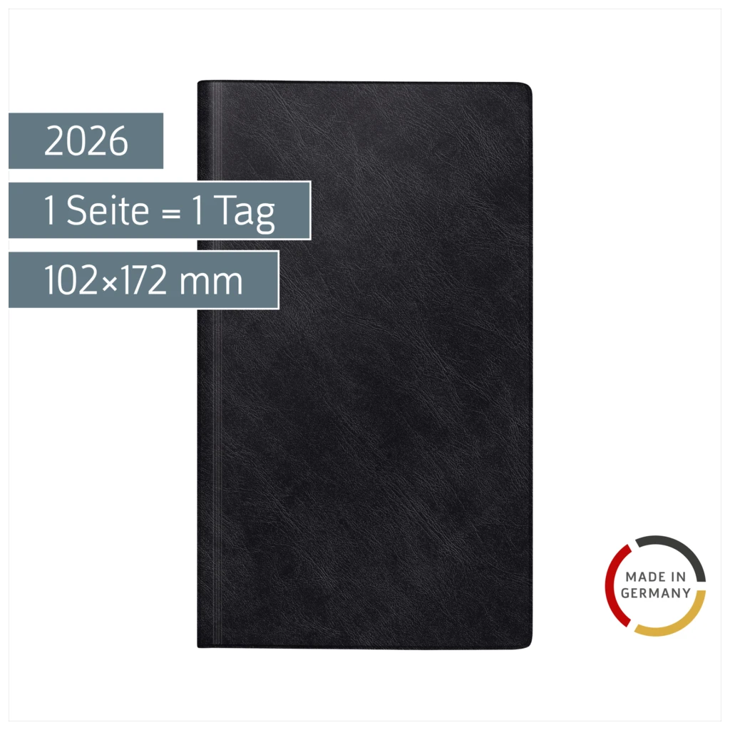 Buchkalender Mod. reise-merker 2026 | 102×172 mm, Kunststoff, schwarz