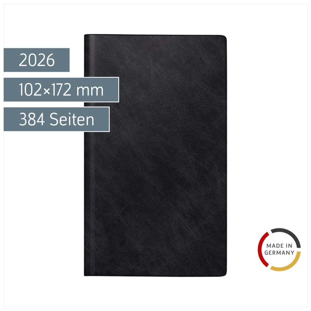 Buchkalender Mod. reise-merker 2026 | 102×172 mm, Kunststoff, schwarz