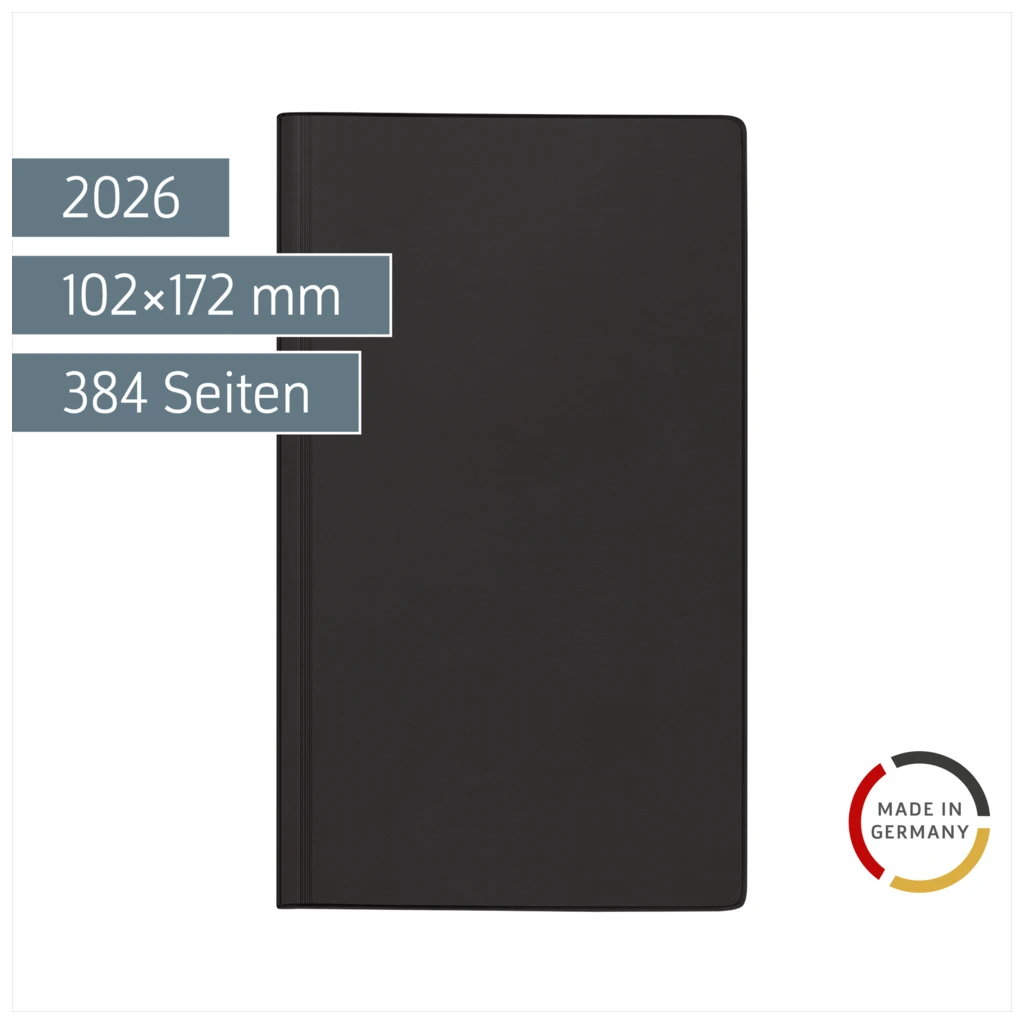 Buchkalender Mod. reise-merker 2026 | 102×172 mm, Kunststoff, schwarz