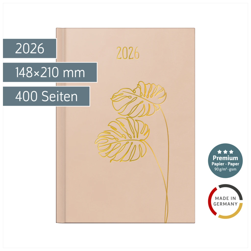 Buchkalender Premium Young Line 2026 „Monstera“ | A5, Kunstleder