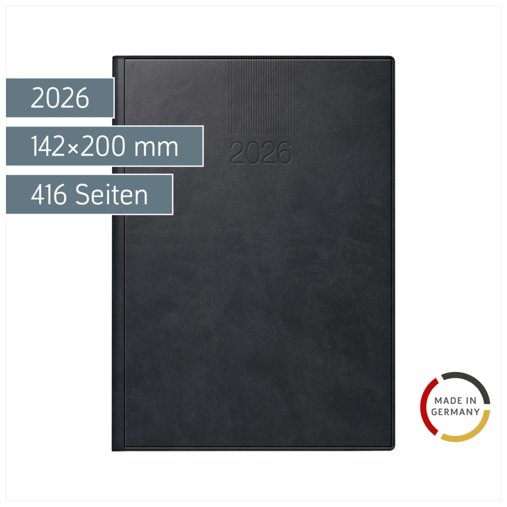 Buchkalender Mod. ROMA 1 2026 | A5, Kunstleder, schwarz