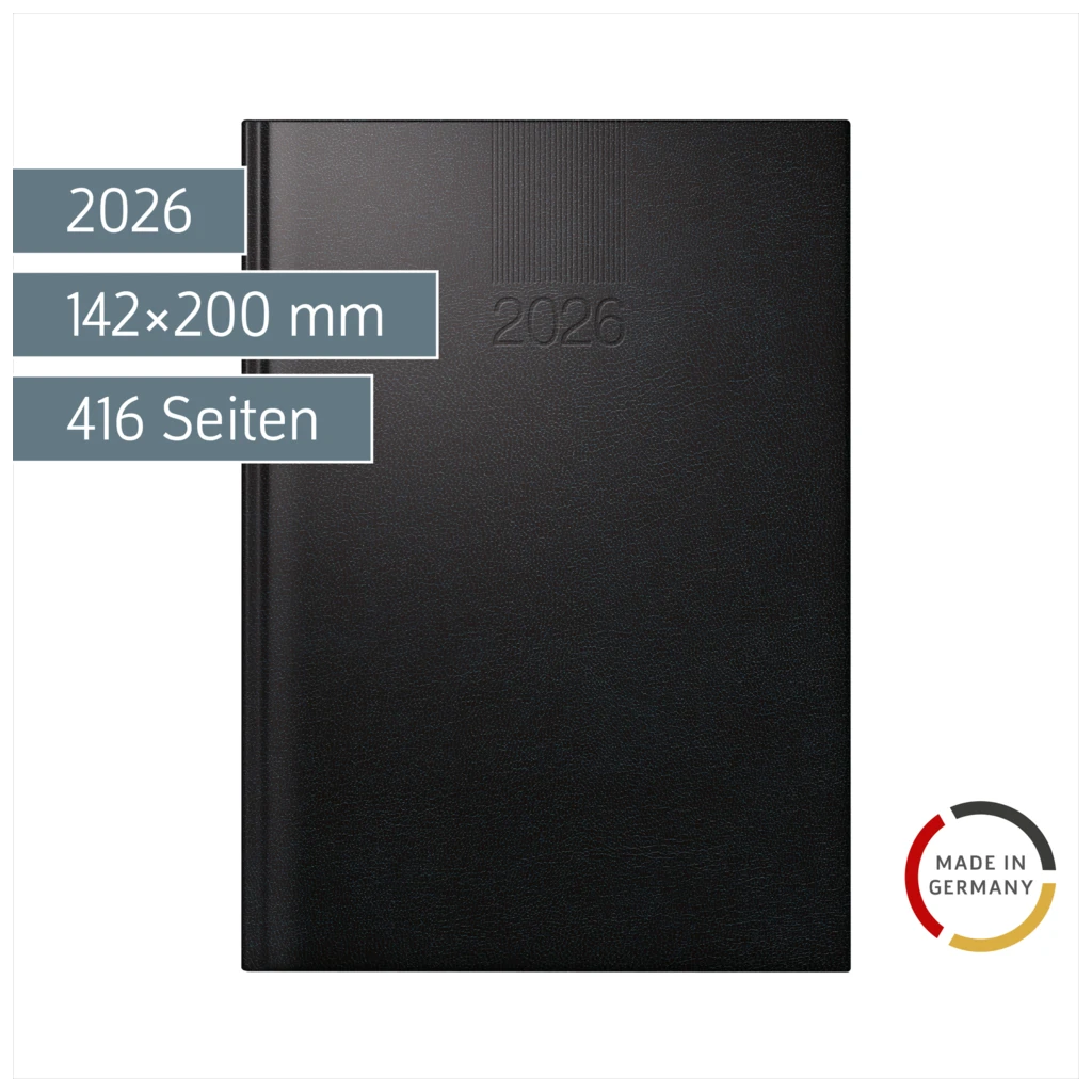 Buchkalender Mod. ROMA 1 2026 | A5, Kunststoff, schwarz