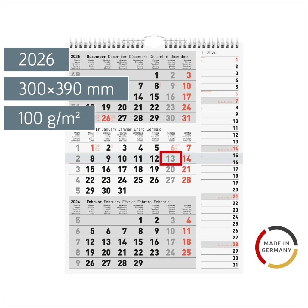 3-Monatskalender 2026 | grau, 300×390 mm