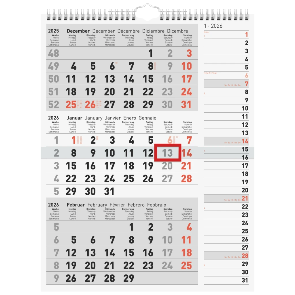 3-Monatskalender 2026 | grau, 300×390 mm