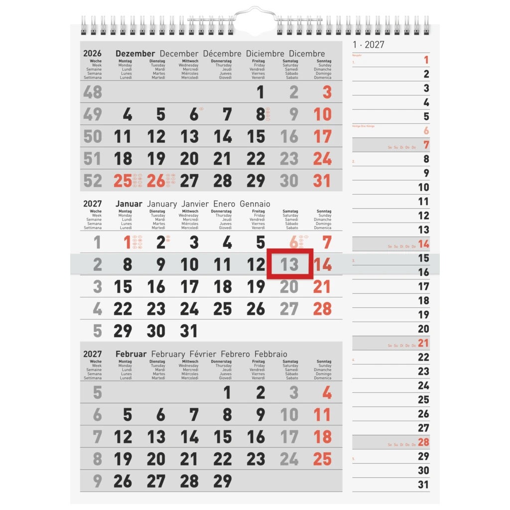 3-Monatskalender 2027 | grau, 300×390 mm