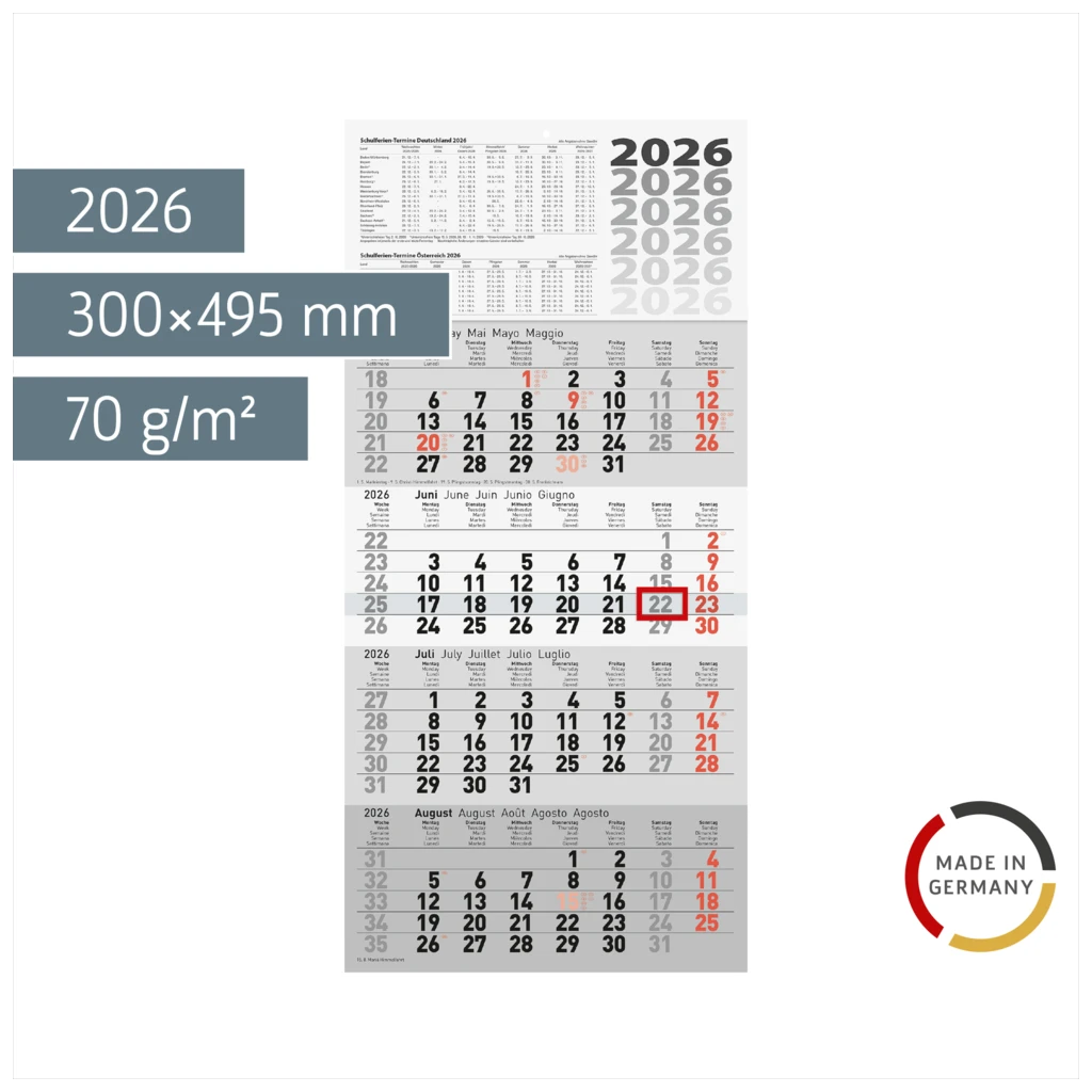 4-Monatskalender 2026 | grau, 300×630 mm